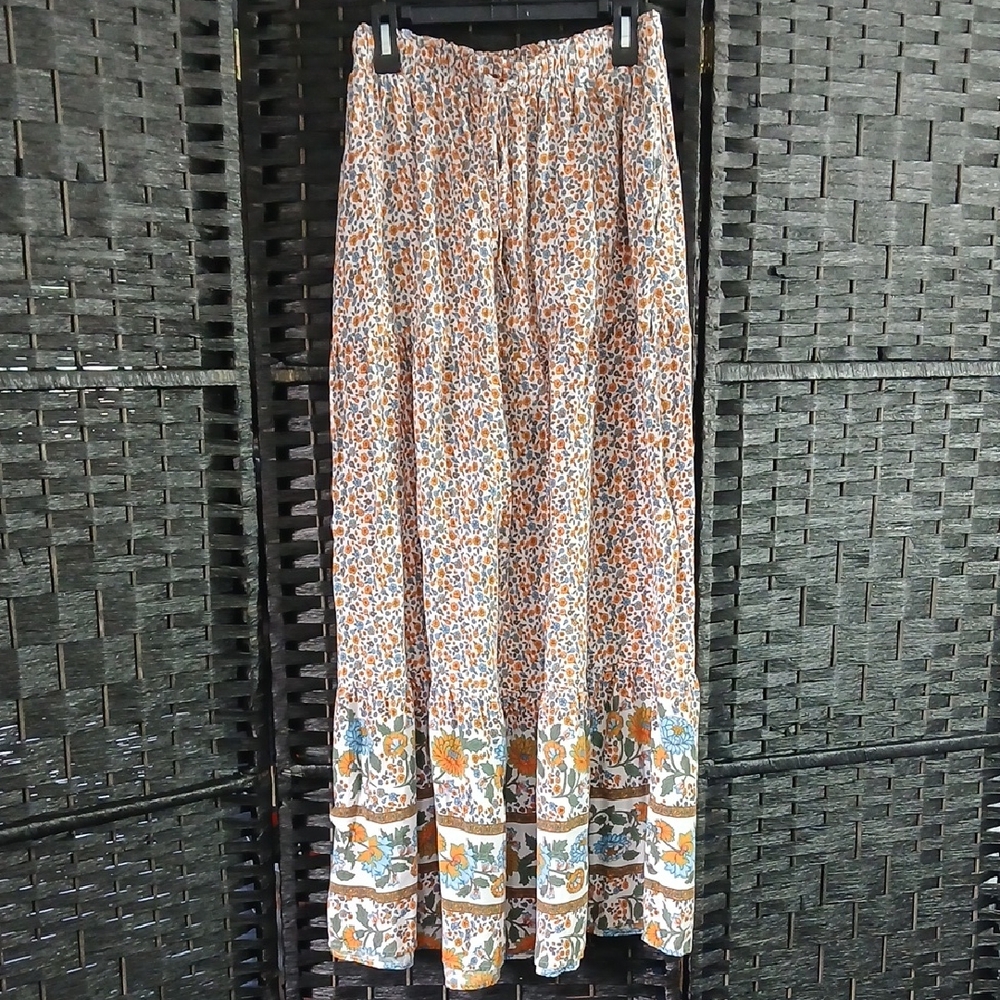 Zesica Orange Blue Floral Boho Tiered Pull On Elastic Waist Maxi Skirt SZ M